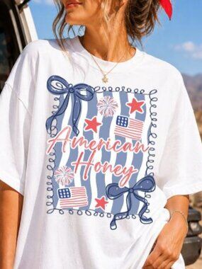 NEW Preppy Coquette American Honey 4th Shirt Fourth Of July Crewneck Graphic Tee